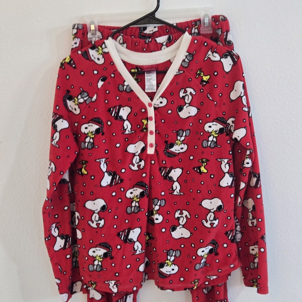 Snoopy Peanuts Women Red Fleece Pajama Set Snoopy Woodstock Print Size M